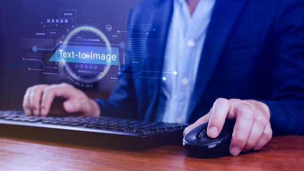 Ai tech Text to image virtual graphic with AI Artificial Intelligence using command prompt for generates something Futuristic technology transformation