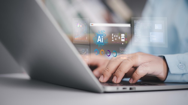 AI technology Artificial intelligence in work to help efficiency Businessman use artificial intelligence AI technology for enhanced work efficiency data analysis Chatbot help solve work problems