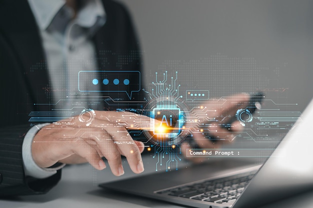 AI technology Businessman using laptop and touching AI tools for big data network connection by use command prompt for generates something