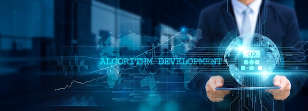 algorithm development businessman use tablet and collaborate with the structure of algorithmic