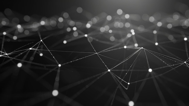an abstract glowing web of interconnected points and lines cascades across a dark backdrop illustrating concepts of connectivity and network structures