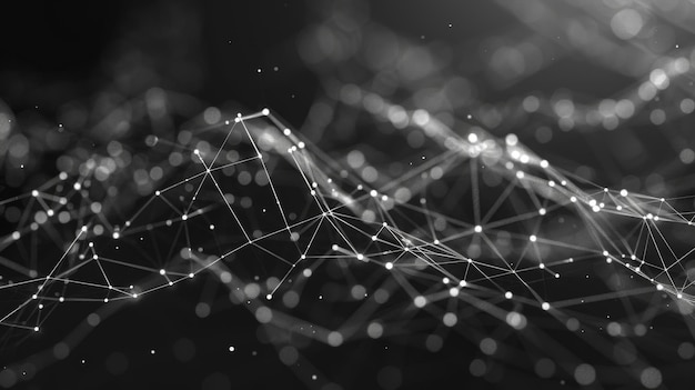 An abstract glowing web of interconnected points and lines cascades across a dark backdrop illustrating concepts of connectivity and network structures