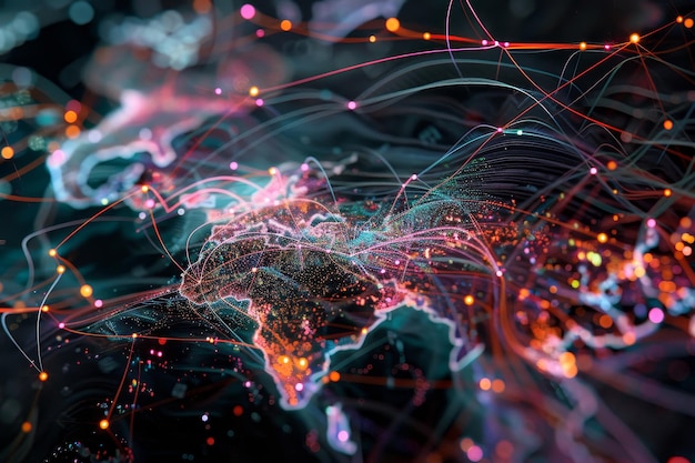 an abstract visualization of interconnected data pathways across the world representing the flow of information a visualization of the flow of information across borders