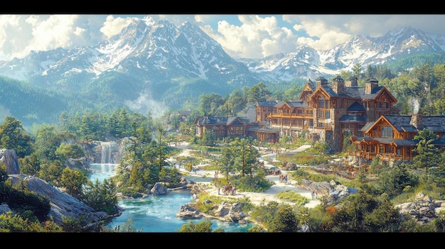 an artistic portrayal of a labor day celebration at a mountain resort with hiking picnicking and breathtaking views