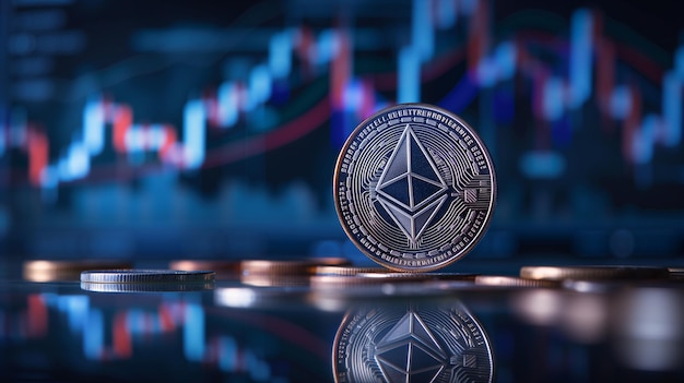 An Ethereum cryptocurrency coin with its distinctive logo set against a colorful background of trad