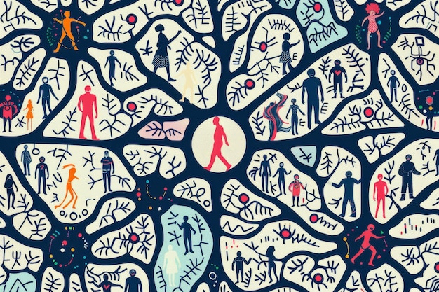 an intricate pattern showing interconnected branches with human figures depicted within each segment an intricate pattern representing the interconnectedness of different aspects of family planning