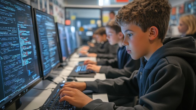 An IT lesson in a hightech classroom students working on computers learning about cybersecurity and coding a teacher guiding them interactive digital boards displaying code and diagrams a