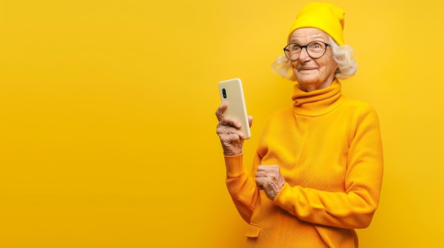 an old woman in a yellow poncho holds a phone in front of a yellow background