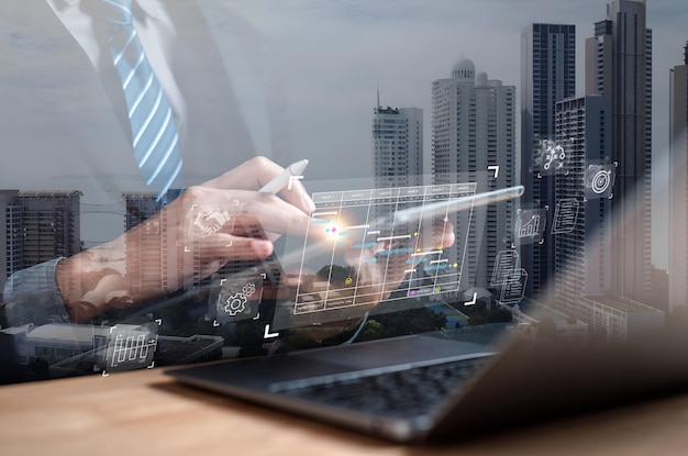 analyst working with computer in business analytics and data management system to make report with kpi and metrics connected to database