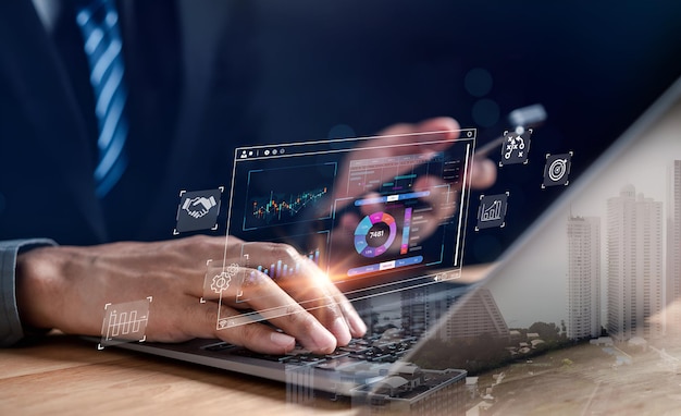 Analyst working with computer in Business Analytics and Data Management System to make report with KPI and metrics connected to database