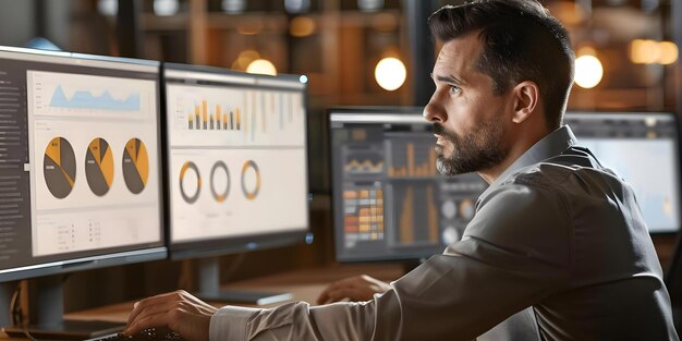 Analyzing Data Visualizations on Computer Monitors Cybersecurity Analyst Conducting Risk Assessments Concept Data Visualizations Computer Monitors Cybersecurity Analyst Risk Assessments