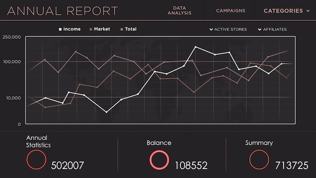 animation of financial charts and annual report on dark background. ready to use mock up