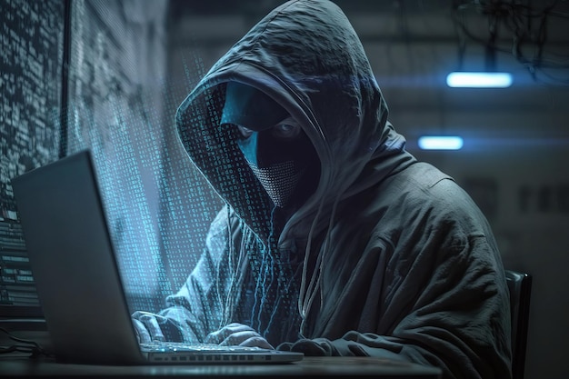 Anonymous hacker with hood and mask inside of data center Postproducted