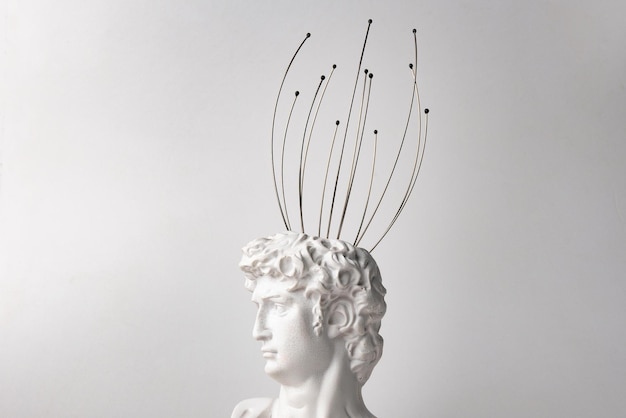 Antique male David statues head with manual Massager for head isolated on a white background 3d trendy cretive collage in magazine style 3d contemporary art Modern design