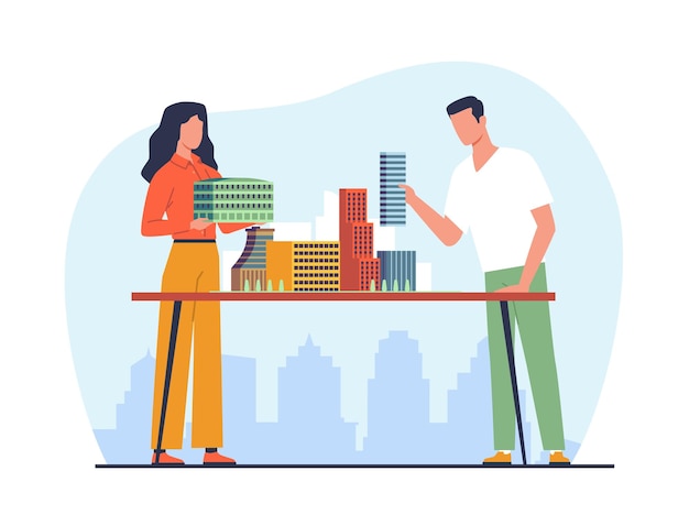 architects man and woman build model of residential area with skyscrapers professional conduction workers teamwork engineer and designer cartoon flat style isolated vector concept