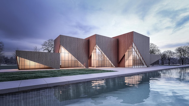 architecture 3d rendering illustration of minimal modern house with natural landscape