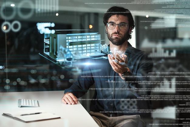 architecture hologram engineering or man in office with blueprint or planning a real estate building futuristic 3d model or designer with holographic vision of renovation business project at night