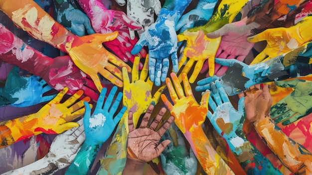 Arms raised group of children men and women with heart in hand Charity donation and volunteer work