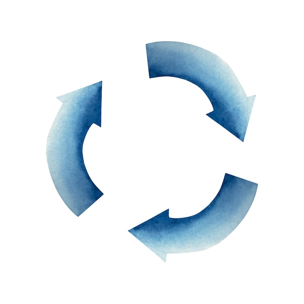 Arrow symbol watercolor hand drawn blue recycling sign illustration isolated on background