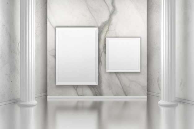 Art gallery with columns and two pictures