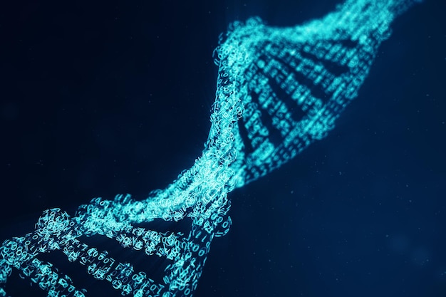 Artifical intelegence DNA molecule. Concept binary code genome. Abstract technology science, concept artifical Dna. 3D illustration