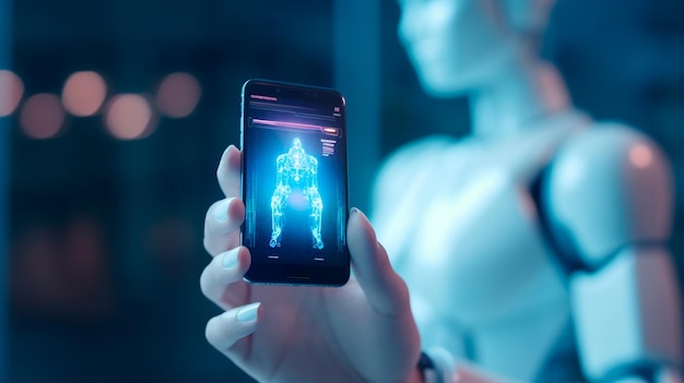 artificial intelligence ai chat bot idea hands holding a phone against a blurred abstract background chatbot providing website support generative ai