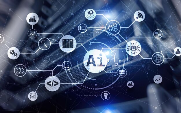 Artificial Intelligence AI Infographic illustration on fantastic computer center