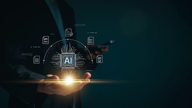 Artificial intelligence AI is used by businessmen in document management systems online documentation databases and digital file storage systems or software record keeping database technology