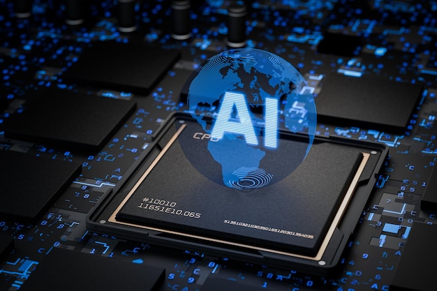 Artificial intelligence chip AI Artificial intelligence generates content AI writes program code Artificial intelligence rules the world Artificial intelligence will replace humans 3D render
