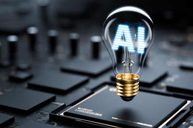 Artificial intelligence controls the smart home AI in a light bulb on a microchip AI Artificial intelligence generates content Artificial intelligence will replace humans 3D render