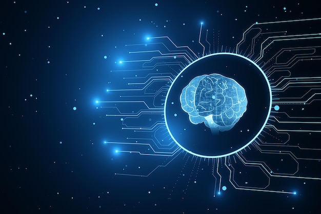 artificial intelligence data mining and machine learning concept with digital neon style human brain on dark blue background with microcircuit 3d rendering