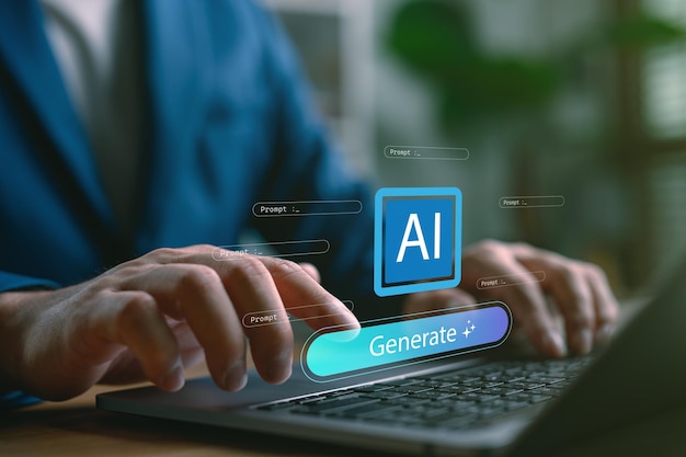 Artificial intelligence prompt generation concept Businessman typing on laptop with AI interface and generate button Technology innovation generative AI automation and smart tool