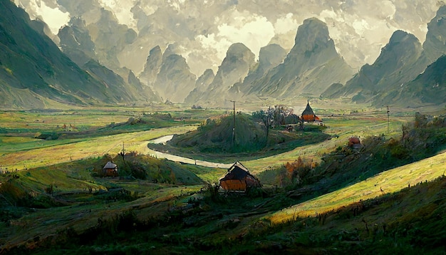 artwork sketch of natural peaceful illustration. fabulous watercolor landscape of mountains, flowers