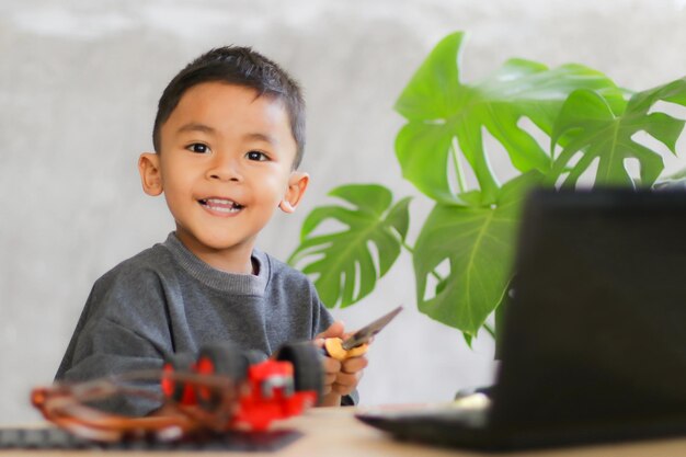 Asian boy students learn at home in coding robot cars and electronic board cables in STEM STEAM mathematics engineering science technology computer code in robotics for kids concept