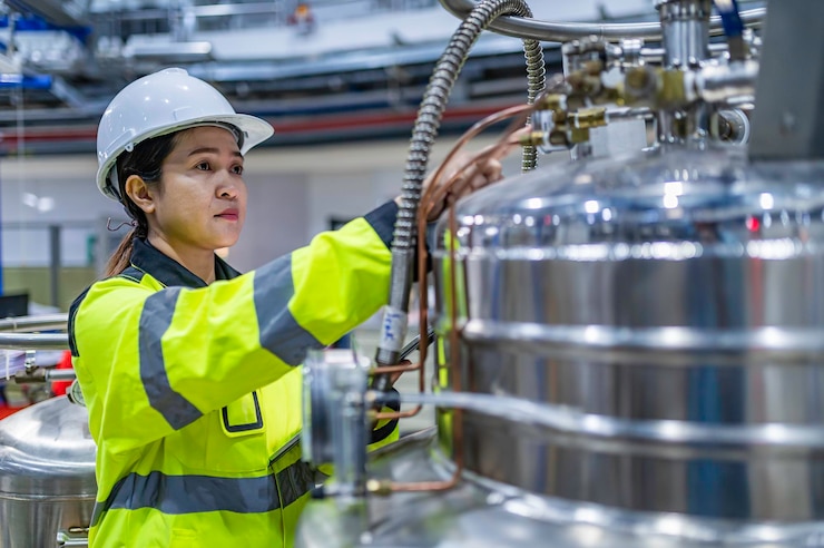 Photo asian engineer working at operating hallthailand people wear helmet workhe worked with diligence and patienceshe checked the valve regulator at the hydrogen tank