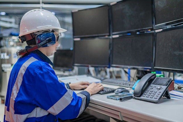 Asian engineer working at Operating hallThailand people wear helmet workHe worked with diligence and patienceshe checked the valve regulator at the hydrogen tank