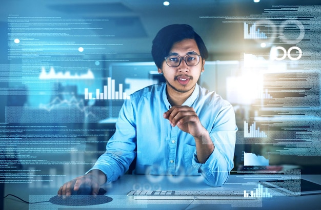 asian man computer engineering and portrait with overlay code or innovation in web research data scientist technology and market analysis for blockchain metrics or futuristic network in malaysia