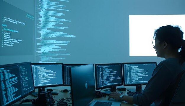 Asian Two software developers engaged in collaborative coding session with code projected onto the