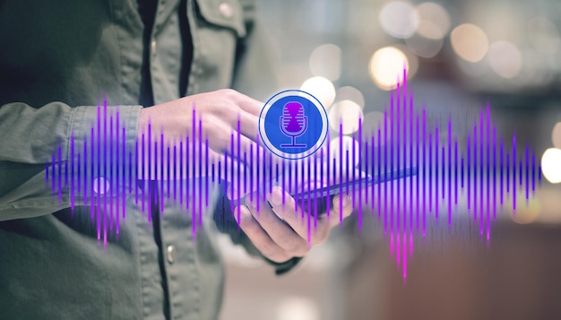 Audio track and microphone icon Man tapping on phone screen
