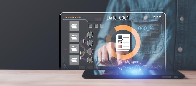 Auditor worker working with document folder Management of important document storage of organization ERP document system quality assessment management With a checklist online document database