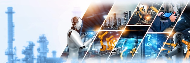 automated ai industry robot and robotic arms assembly in factory production nlp
