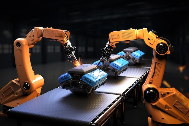 Automation automobile factory concept with 3d rendering robot assembly line with car engine or machine in factory