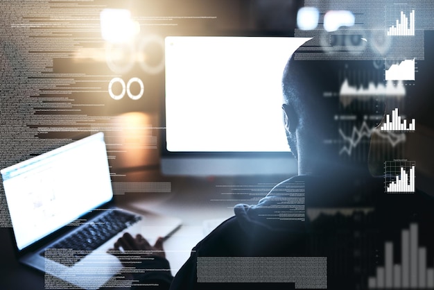 Back man and overlay with technology for cybersecurity on fraud or cloning and information for data Coding hacker and cybercrime in internet or online banking and install virus on systems