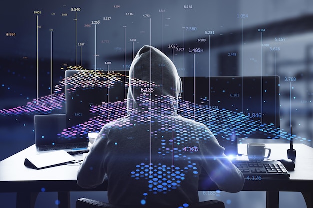 Back view of hacker using computers at desktop with abstract digital map and index lines on blurry interior background Global infographic hacking theft world and location concept Double exposure