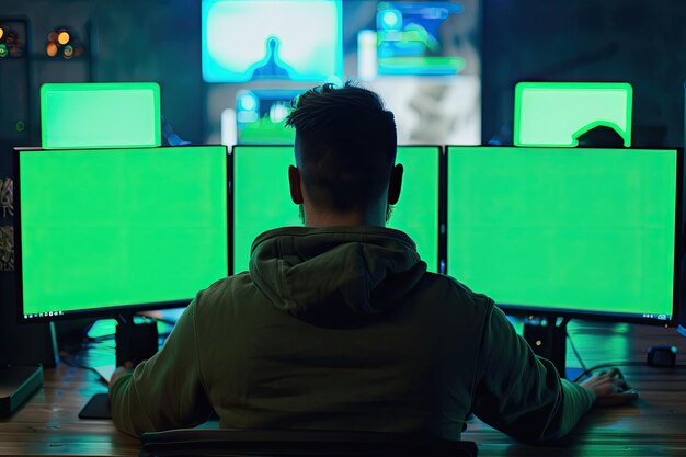 Back view of hackers in front of computer with multiple screens with green mock up