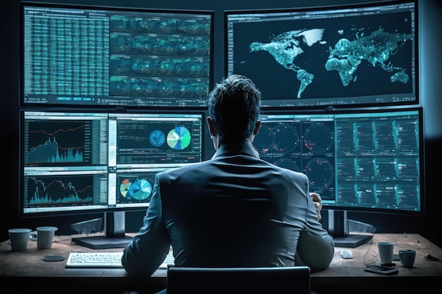 Back view of young businessman looking at monitor with stock market data on screen Generative AI