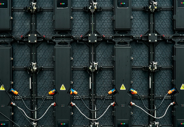 Backside of big LED screen monitor display. Texture of back view of LED panels. 