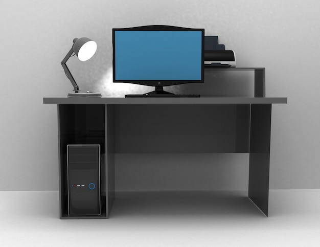 Bàn làm việc tại nhà có đèn, máy tính và máy in. Hình ảnh minh họa 3D