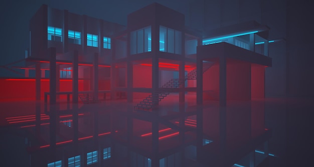 Bản tóm tắt kiến trúc bê tông và nội thất trắng của một ngôi nhà tối giản với gradient màu neon
