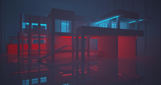 Bản tóm tắt kiến trúc bê tông và nội thất trắng của một ngôi nhà tối giản với gradient màu neon